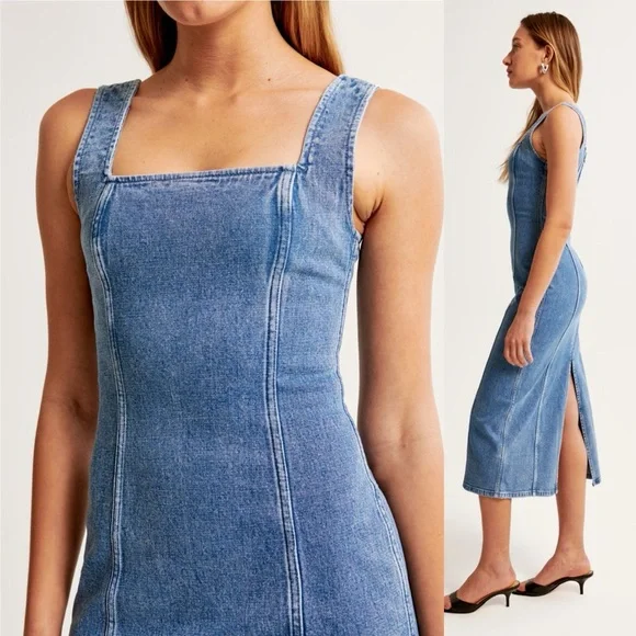 Abercrombie Denim Column Midi Dress size medium Jean sleeveless square neck - Picture 9 of 9
